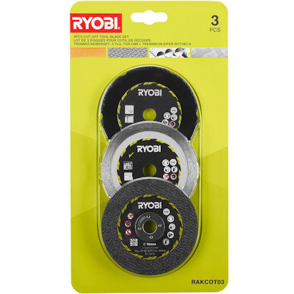 Förpackning med tre kapskivor från Ryobi, synlig text: "RYOBI", "3 PCS", artikelnummer "RAKCOT03".