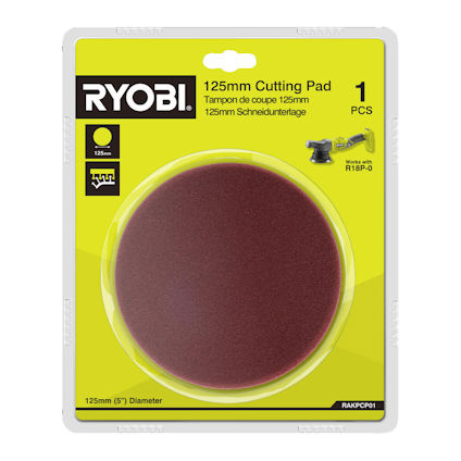 Förpackning med RYOBI 125 mm polersvamp, kompatibel med R18P-0 verktyg.