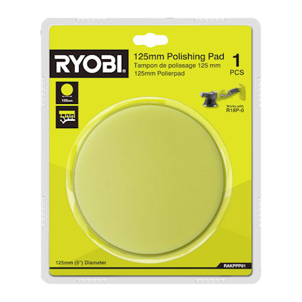 Förpackning innehållandes en rund, grön polersvamp på 125 mm. Märkt "RYOBI" och passar verktyg R18P-0.