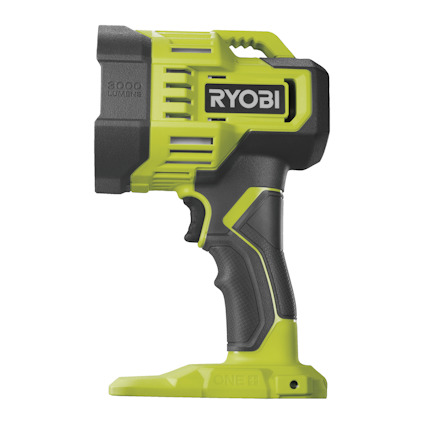 Grön och svart handhållen strålkastare med märket "RYOBI" tydligt tryckt.