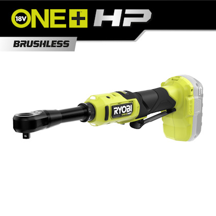 Spärrskaft i grönt och svart med texten "RYOBI ONE+ HP" och "BRUSHLESS", samt märkning "18V".