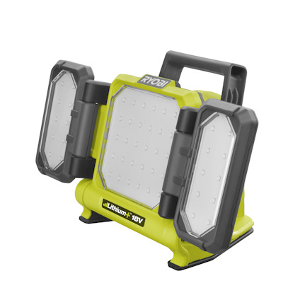 Grön och svart arbetsbelysning med tre LED-paneler och handtag. Märkt "Lithium+ 18V".