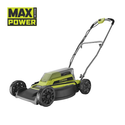 Grön och svart batteridriven gräsklippare med robusta hjul och en justerbar handtag. Text: "MAX POWER".