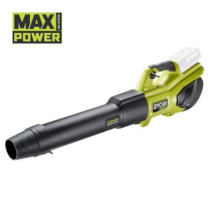 Grön och svart lövblåsare av märket RYOBI med texten "MAX POWER" i övre vänstra hörnet.