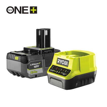 Batteriladdare och batteri med texten "Lithium+ 18V 5.0Ah" och "RYOBI." Logotypen "ONE+ 18V" syns i hörnet.