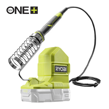 Grön lödkolv med svart handtag och metallspiral på en vit bakgrund. Text "Ryobi" och "18V ONE+" syns.