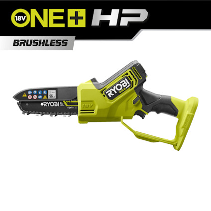 Grensåg i grön och svart med texten "RYOBI 18V ONE+ HP Brushless" på verktyget och logotyp i övre vänstra hörnet.