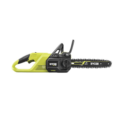Grön och svart batteridriven kedjesåg med svärd och kedja, märkt med "RYOBI".