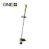 Grästrimmer med långt handtag och gröna detaljer, märkt "18V ONE+".