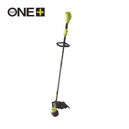Grästrimmer med långt handtag och gröna detaljer, märkt "18V ONE+".