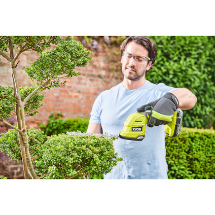 Person klipper buskar med en grön och svart Ryobi-busktrimmer. Tegelvägg och buskage i bakgrunden.