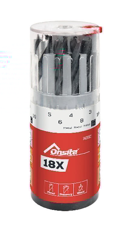 Borrkassett med 18 delar i en röd och vit cylinderformad förpackning, innehåller märkningar för metall, murverk och trä.