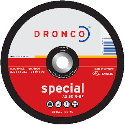 Rund metallskiva med texten "DRONCO", "special AS 30 R-BF" och flera piktogram samt streckkod på röd och svart bakgrund.