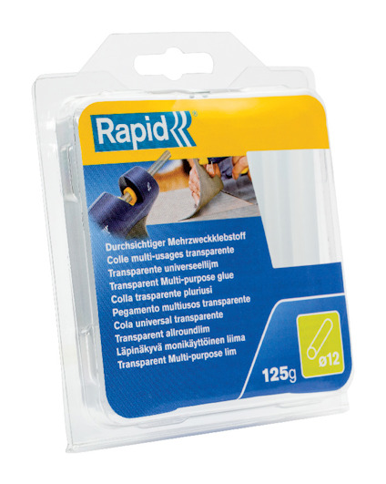 Förpackning med genomskinliga limstavar för limpistol, märkt med "Rapid" och innehåller flera språkversioner av produktbeskrivningen.