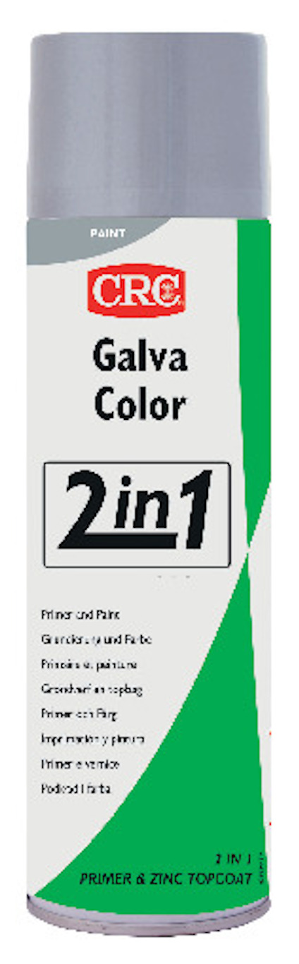 Sprayburk med grön etikett märkt "CRC Galva Color 2 in 1". Text på flera språk. Grått lock.