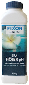 Vit flaska med blå etikett, text "FIXOR by Nitor SPA HÖJER pH", bild på en vit blomma.