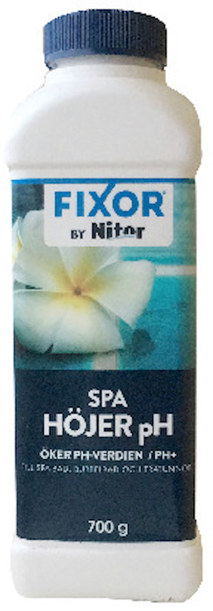 Vit flaska med blå etikett, text "FIXOR by Nitor SPA HÖJER pH", bild på en vit blomma.