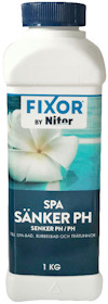 Förpackning av pH-sänkare för spa med etiketttext på svenska, varumärket Fixor by Nitor, och en blomma i vatten.