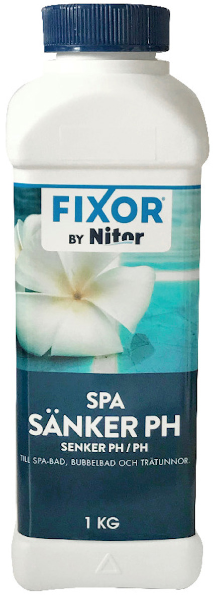 Förpackning av pH-sänkare för spa med etiketttext på svenska, varumärket Fixor by Nitor, och en blomma i vatten.