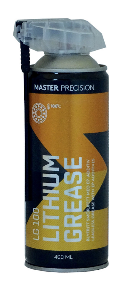 Aerosolburk med etiketttext "Lithium Grease" och "400 ML".
