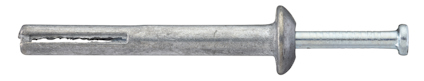 Metallisk spikplugg med fläns och slitsspår, lång smal design och rundad huvuddel.