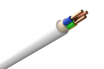Vit elektrisk kabel med tre kopparledare, isolerade i olika färger: blå, grön och brun.