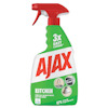 Grön sprayflaska med rött munstycke. Text: "Ajax Kitchen, 3x Easy Cleaning". Bilder på rengjorda köksytor.