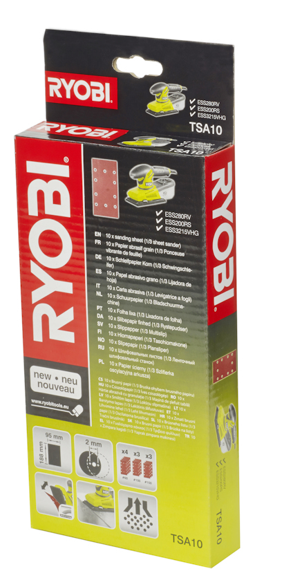 Förpackning med RYOBI-slipprodukter, med text på flera språk och bilder på slipskivor och en slipmaskin.