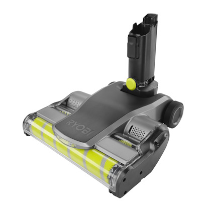 Svart och grått golvmunstycke med gröna och gråa rullar, märkt "RYOBI", har en handtagshållare upptill.