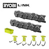 Ryobi LINK modulärt förvaringssystem med två förvaringspaneler, en grön förvaringslåda och fyra krokar.
