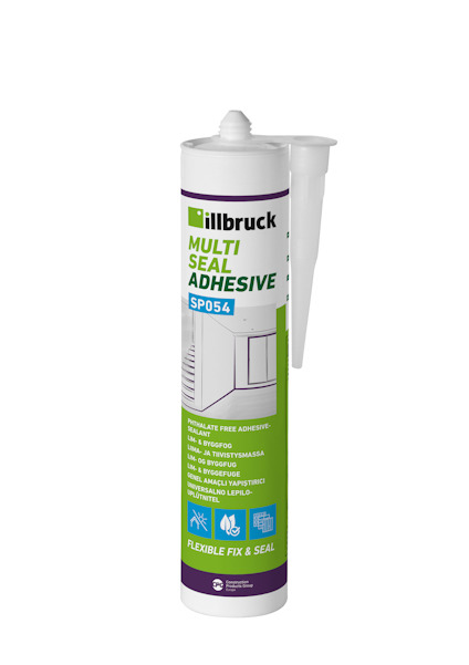 Tub med Illbruck Multi Seal Adhesive SP054 med informationsetikett i grön och vit design.