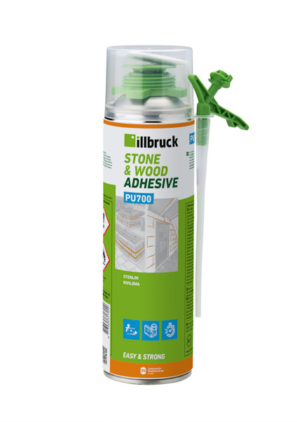 Sprayburk med etikett för Tremco illbruck Stone & Wood Adhesive PU700, med grön applikator.