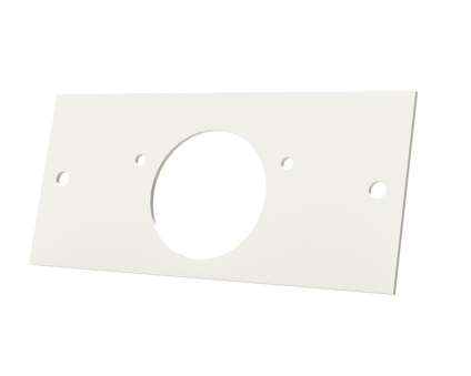 Rektangulär skylt med tre hål och en cirkulär öppning i mitten, vit färg.