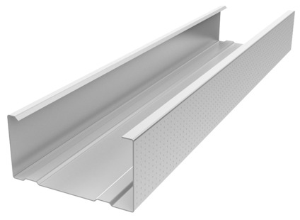 Byggmaterialprofil i metall med L-form, ljusgrå färg och perforeringar längs ena sidan.