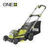 Grön och svart batteridriven gräsklippare med handtag och insamlingspåse, märkt "RYOBI".