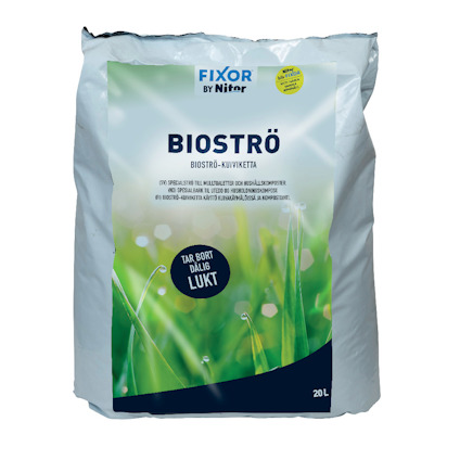 Förpackning av Bioströ från Fixor, med text: "BIOSTRÖ BIOSTRÖ-KUIVIKETTA" och "TAR BORT DÅLIG LUKT", samt illustration av gräs.