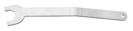 Silverfärgad justernyckel med öppet skruvhuvud och långt handtag.