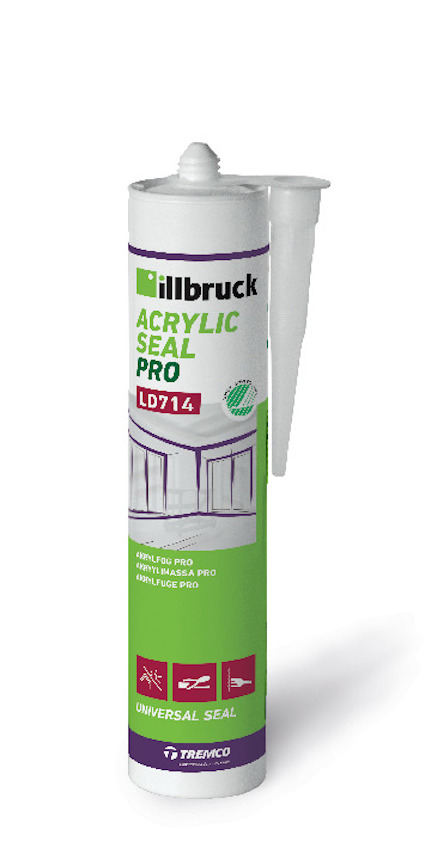 Vit tätningsmassa i patron med etiketttext: "illbruck Acrylic Seal Pro LD714".