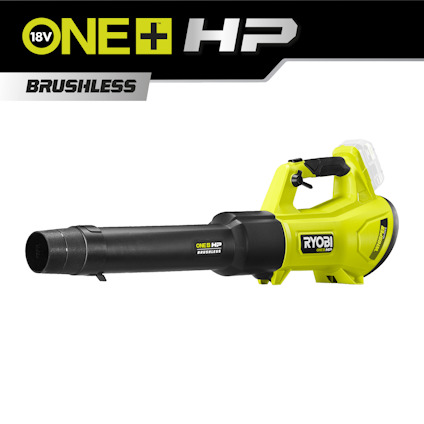 Grön och svart lövblås med texten "ONE+ HP", "BRUSHLESS" och "RYOBI".