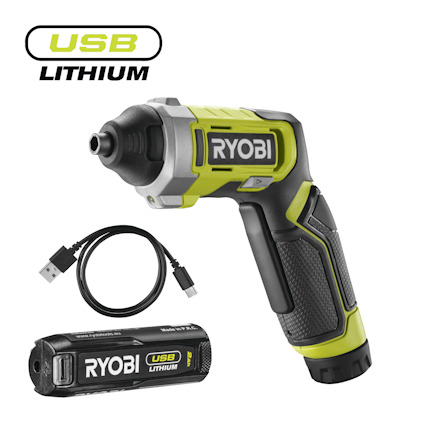 Skruvdragare med USB Lithium-märke, medföljer USB-kabel och batteri, märkt "Ryobi".