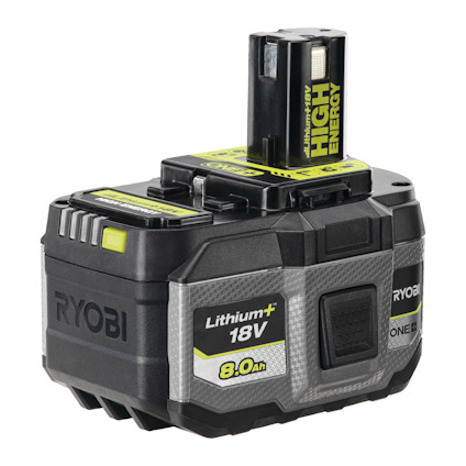 Ryobi 18V batteri med "High Energy" och "Lithium+ 18V 8.0Ah" märkning. Märke: Ryobi