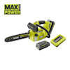 Grön och svart batteridriven topphandsåg med batteri och laddare. Märkt "Ryobi" och "Max Power System".