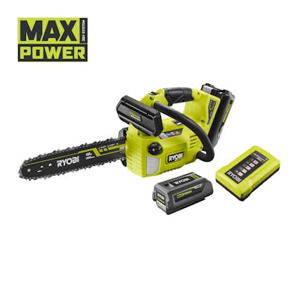 Grön och svart batteridriven topphandsåg med batteri och laddare. Märkt "Ryobi" och "Max Power System".