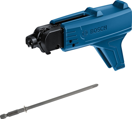 Blått verktygsmagasin med Bosch-logotyp och ett metallbits ligger framför det.