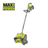 Grön och svart eldriven snöskyffel av märket RYOBI med handtag och batteri, märkt "MAX POWER".