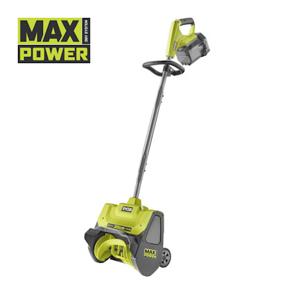 Grön och svart eldriven snöskyffel av märket RYOBI med handtag och batteri, märkt "MAX POWER".