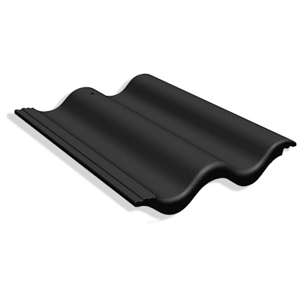 Svart tvåkupig takpanna med textur i betongmaterial.