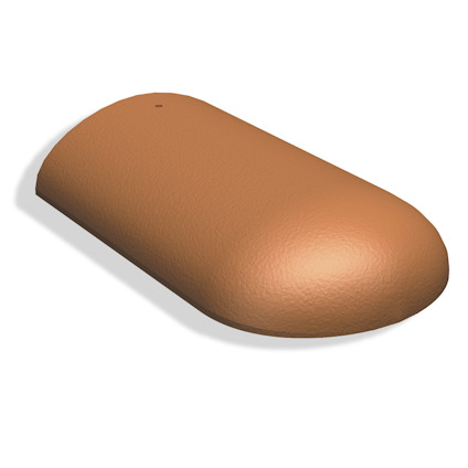 Nockpanna i tegelröd färg, halvcirkelformad och slät yta.