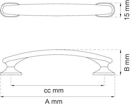 Ritning av handtag med mått: 15 mm höjd, A mm längd, B mm bredd.
