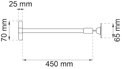 Ritning av en stång med mått: längd 450 mm, diameter 25 mm. Höjd på ena änden 70 mm, andra änden 65 mm.